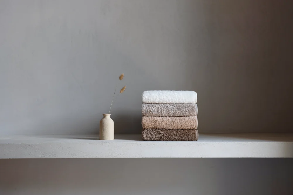 Fyra exklusiva Graccioza Egoist handdukar i de skandinaviska nyanserna Snow, Fog, Linen och Stone vackert staplade på en grå hylla i ett ljust grått badrum.